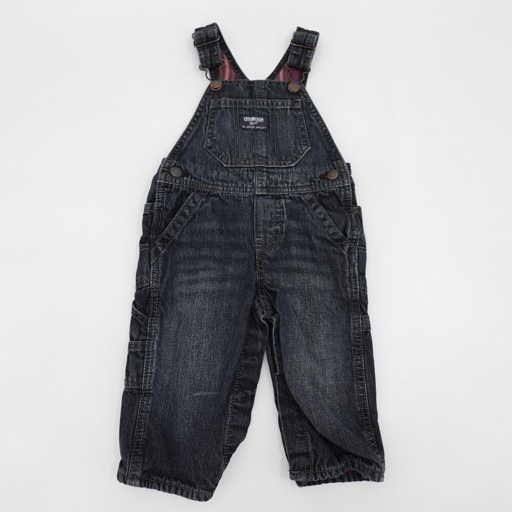OshKosh B'gosh Overalls Baby 9 Months Blue Denim Plaid Lined Cargo Snaps
